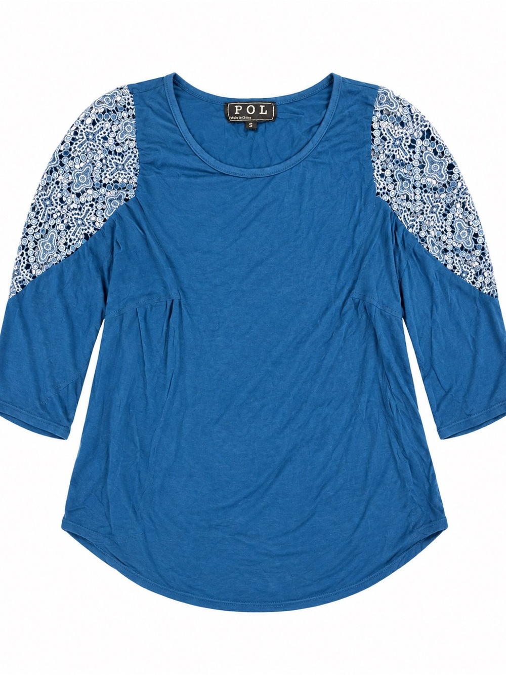 POL Blue Scoop Neck Top with Lace-Patterned Shoulders